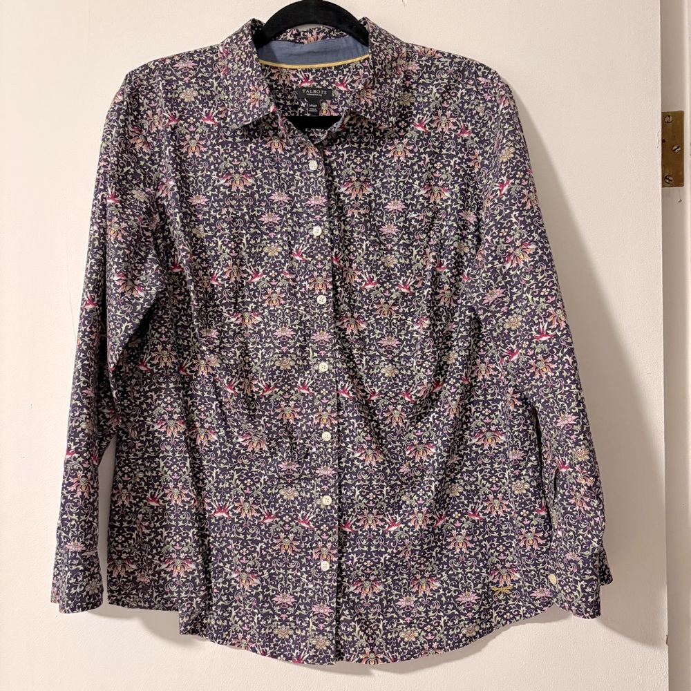 Talbots Floral Button Front Shirt Long Sleeve Roll Tab Sleeve Size 14 Petite